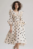 Black and Ivory Chiffon V-Neck Midi Boho Polka Dot Dress with Ruffles