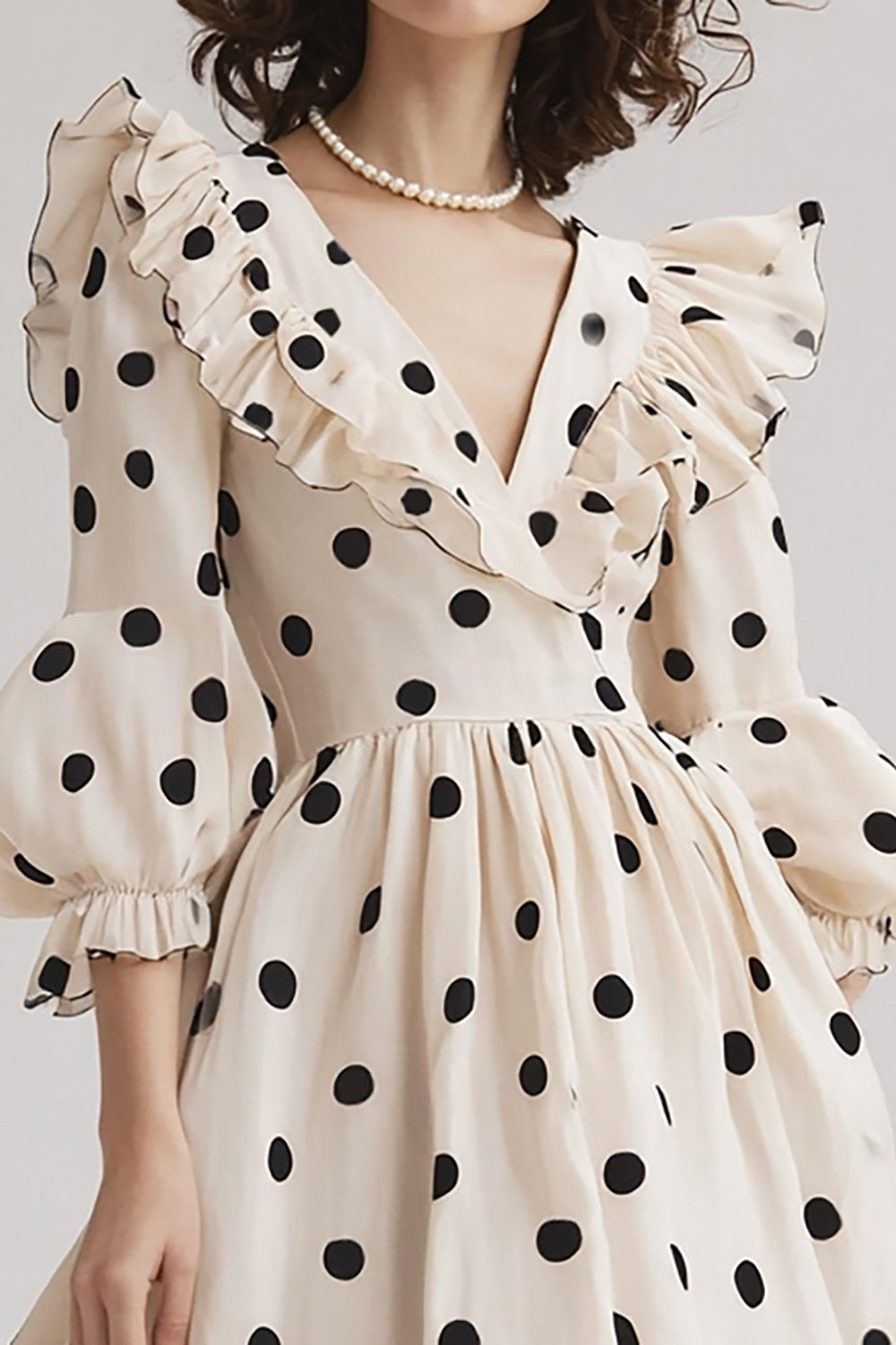 Black and Ivory Chiffon V-Neck Midi Boho Polka Dot Dress with Ruffles