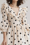 Black and Ivory Chiffon V-Neck Midi Boho Polka Dot Dress with Ruffles