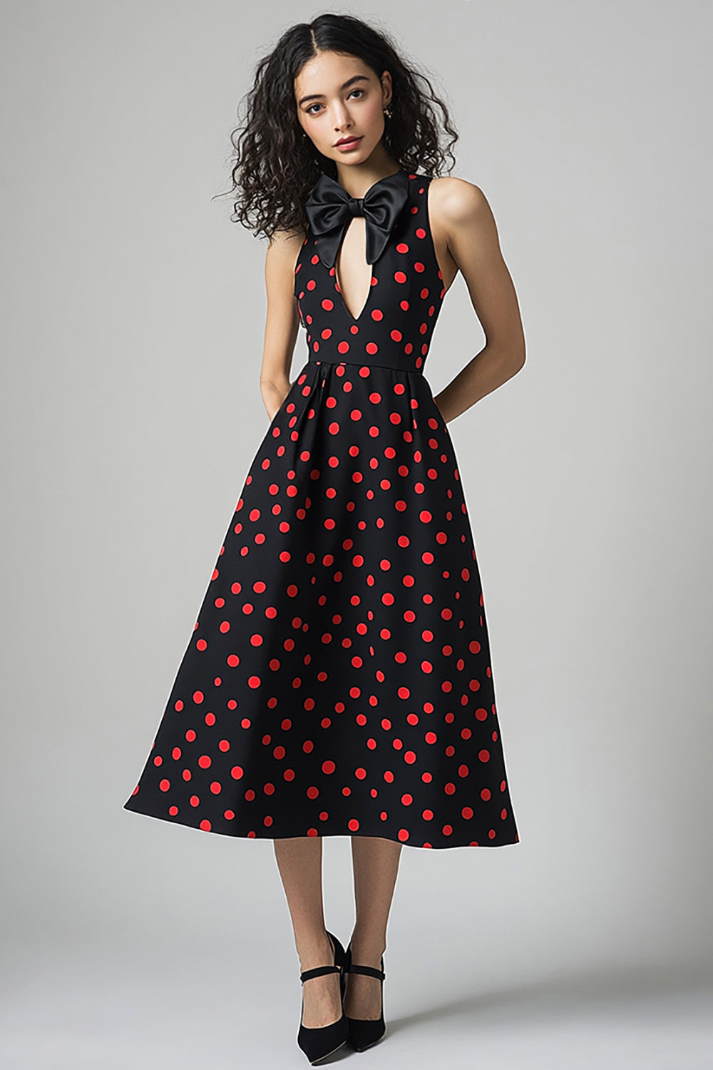 Black and Red Satin A Line Midi Polka Dot Dress with Bow