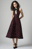 Black and Red Satin A Line Midi Polka Dot Dress with Bow