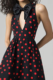 Black and Red Satin A Line Midi Polka Dot Dress with Bow
