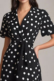 Black White Satin Midi A-Line V-Neck Polka Dots Dress with Short Sleeves