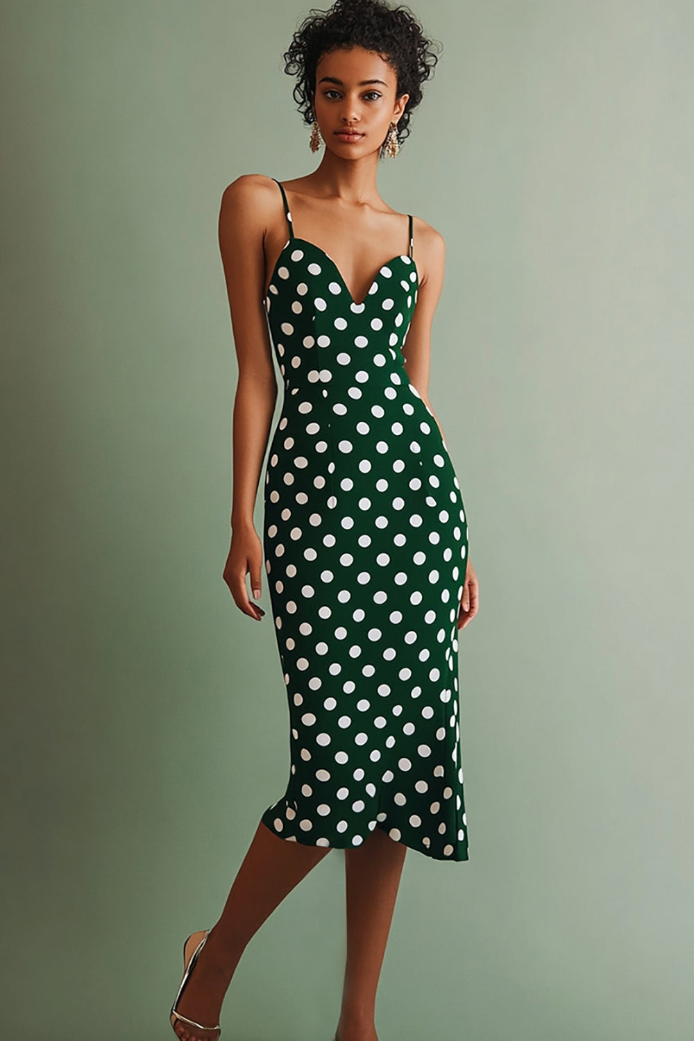 Green and White Chiffon Bodycon Spaghetti Straps Boho Midi Polka Dot Dress