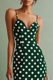 Green and White Chiffon Bodycon Spaghetti Straps Boho Midi Polka Dot Dress