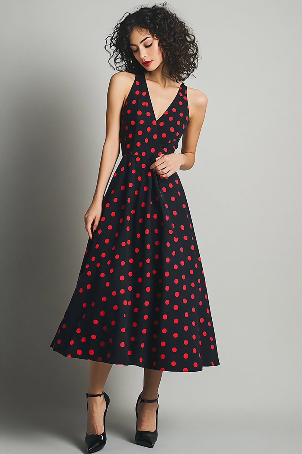 Black and Red Satin V-Neck A Line Maxi Polka Dot Dress