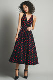 Black and Red Satin V-Neck A Line Maxi Polka Dot Dress