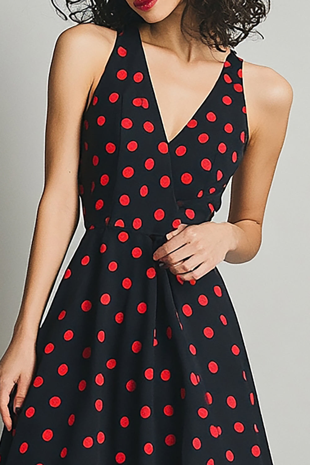 Black and Red Satin V-Neck A Line Maxi Polka Dot Dress