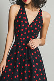 Black and Red Satin V-Neck A Line Maxi Polka Dot Dress