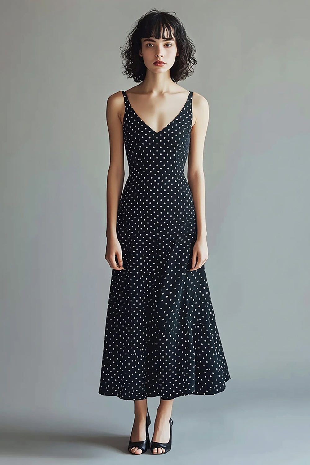 Black and White Chiffon Spaghetti Straps Maxi A Line Polka Dot Dress