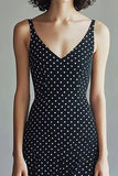 Black and White Chiffon Spaghetti Straps Maxi A Line Polka Dot Dress