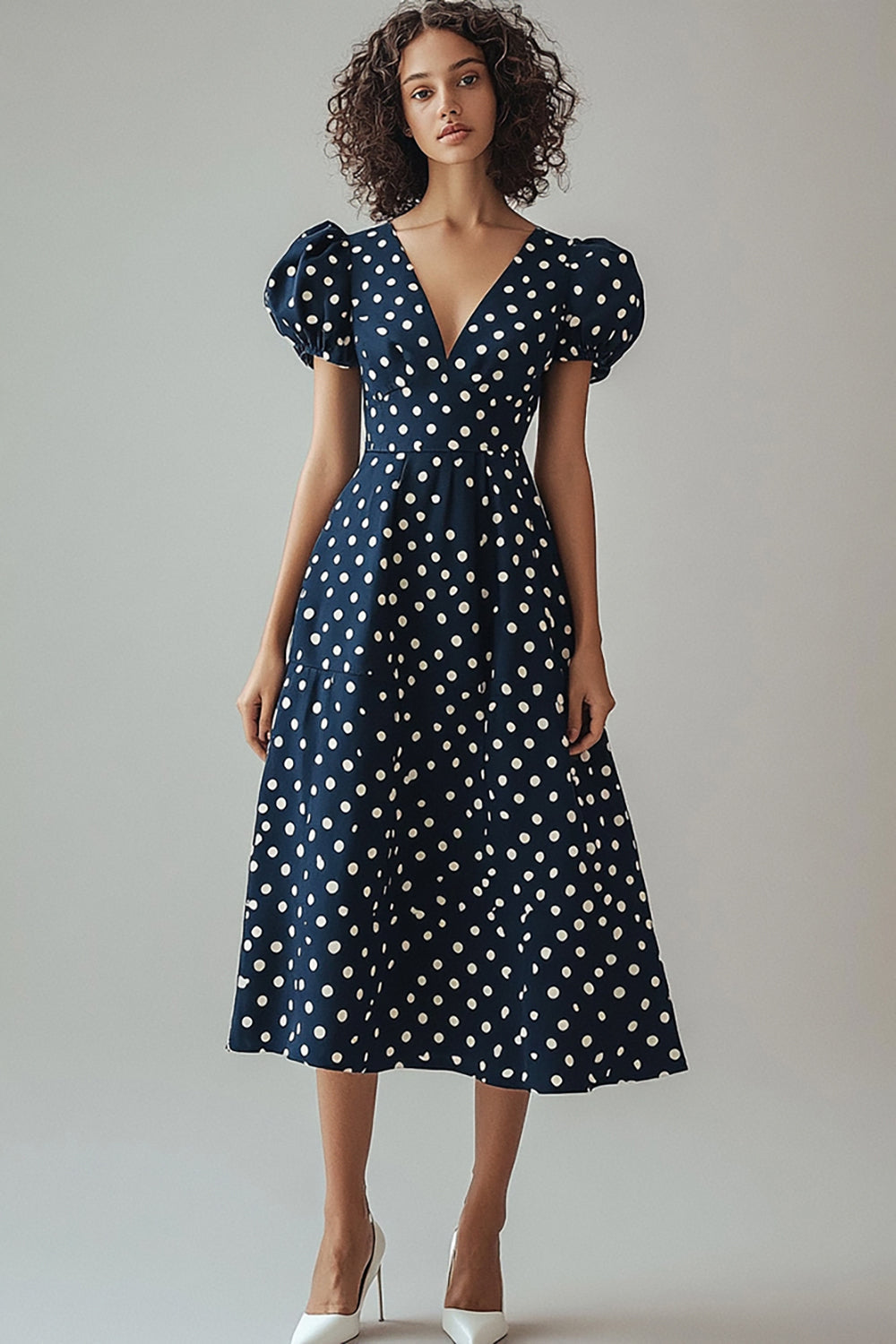 Navy and White Satin A Line Boho Maxi Polka Dot Dress with Puff Sleeves