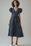 Navy and White Satin A Line Boho Maxi Polka Dot Dress with Puff Sleeves