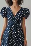 Navy and White Satin A Line Boho Maxi Polka Dot Dress with Puff Sleeves