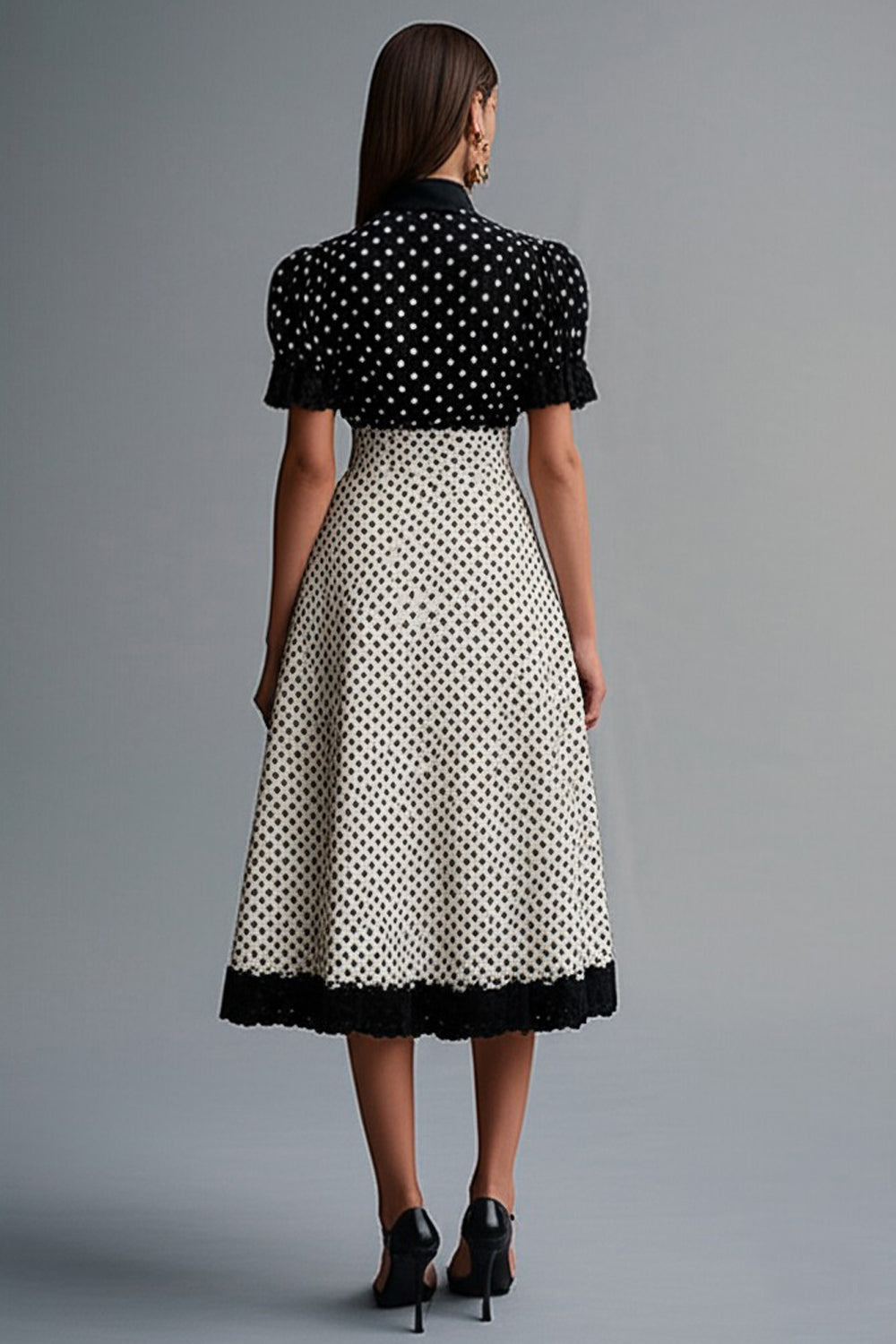 Black and White Chiffon Short Sleeves A Line Midi Polka Dot Dress with Ruffles