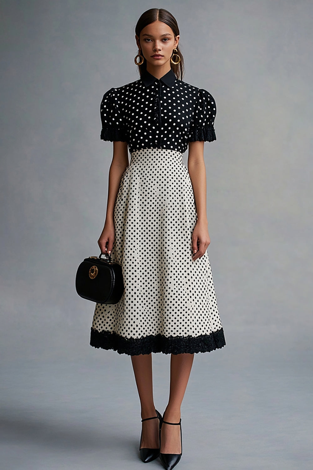 Black and White Chiffon Short Sleeves A Line Midi Polka Dot Dress with Ruffles