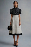 Black and White Chiffon Short Sleeves A Line Midi Polka Dot Dress with Ruffles