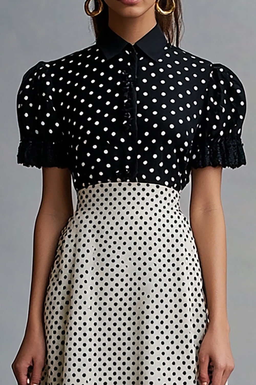 Black and White Chiffon Short Sleeves A Line Midi Polka Dot Dress with Ruffles