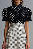 Black and White Chiffon Short Sleeves A Line Midi Polka Dot Dress with Ruffles