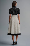 Black and White Chiffon Short Sleeves A Line Midi Polka Dot Dress with Ruffles