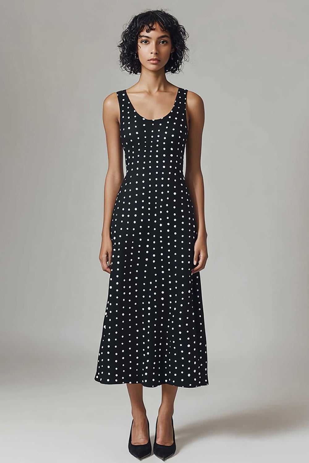 Black White Chiffon Scoop Neck A Line Maxi Polka Dots Dress