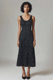 Black White Chiffon Scoop Neck A Line Maxi Polka Dots Dress