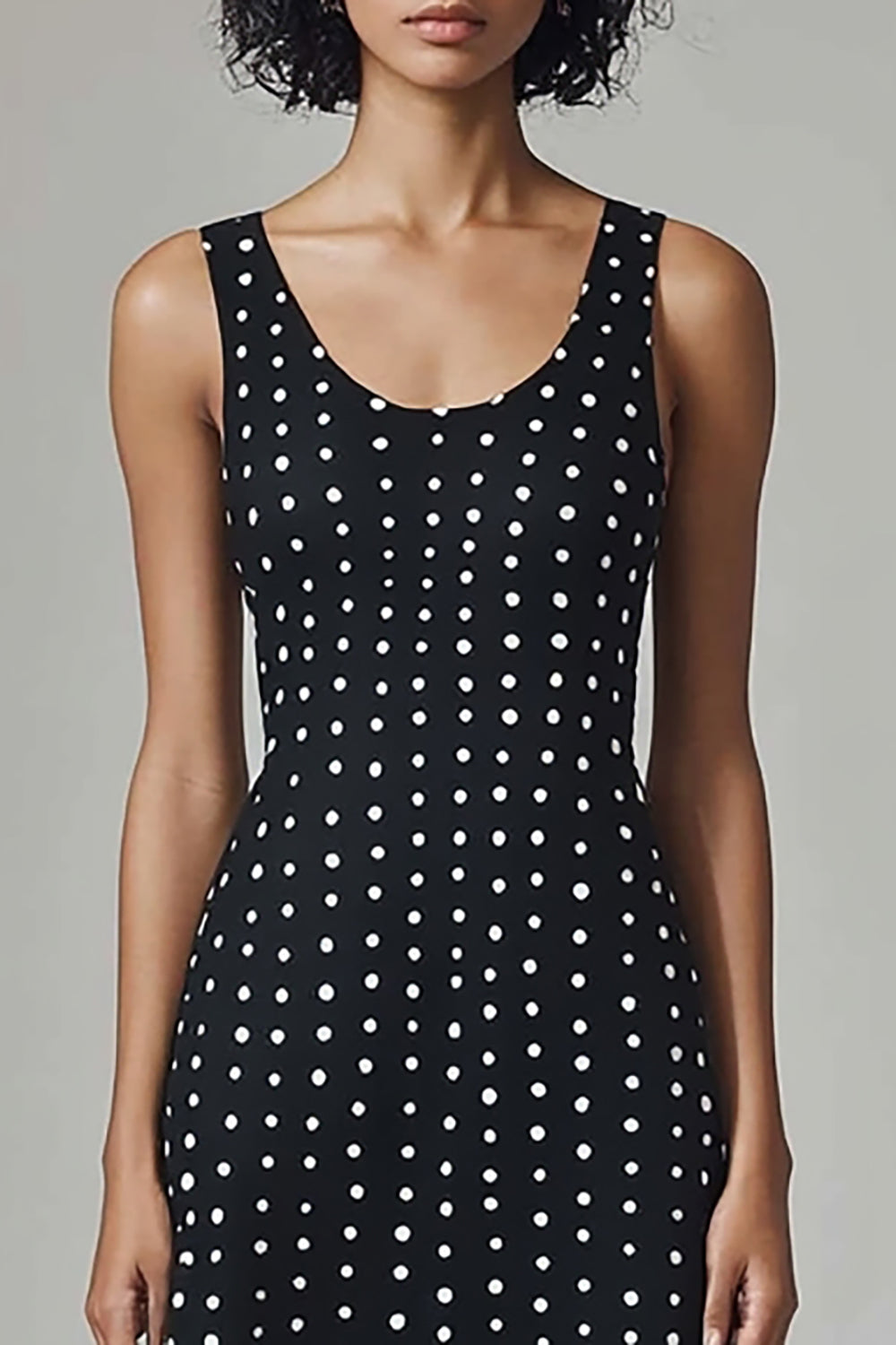 Black White Chiffon Scoop Neck A Line Maxi Polka Dots Dress