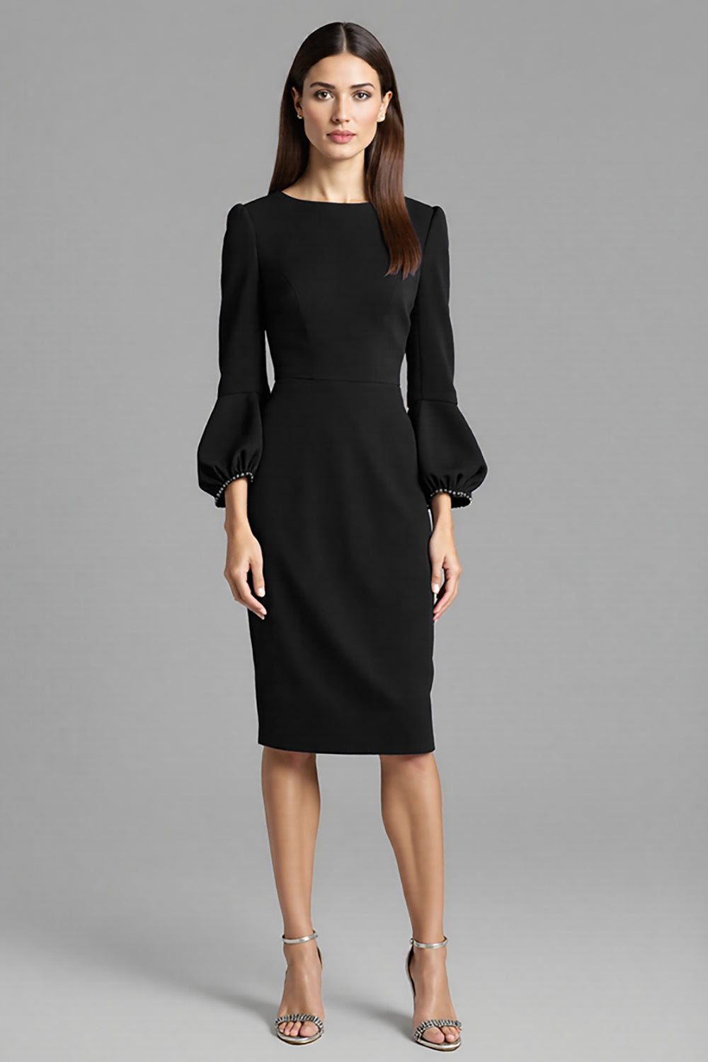Long Sleeve Bodycon Navy Round Neck Midi Work Dress