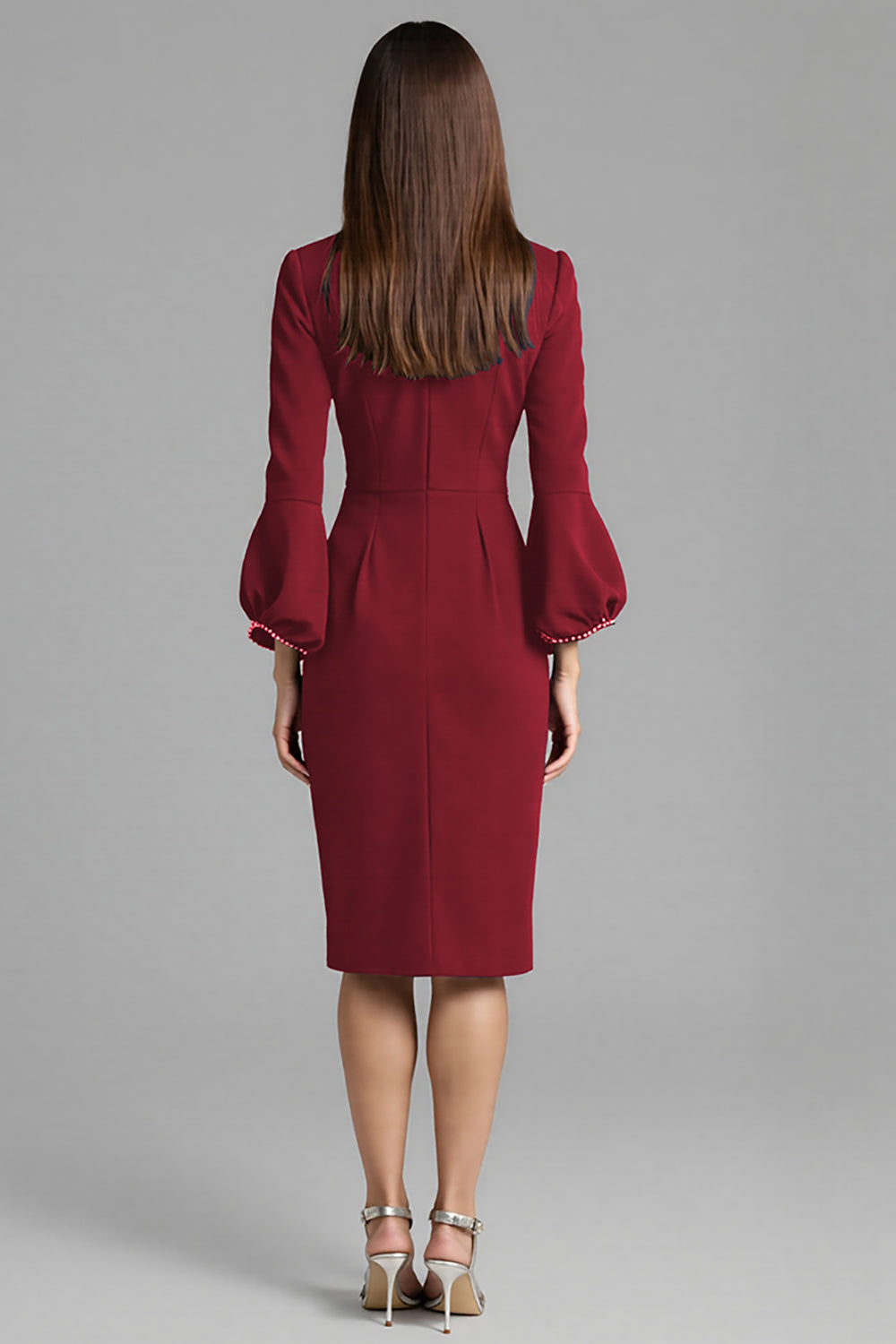 Long Sleeve Bodycon Navy Round Neck Midi Work Dress