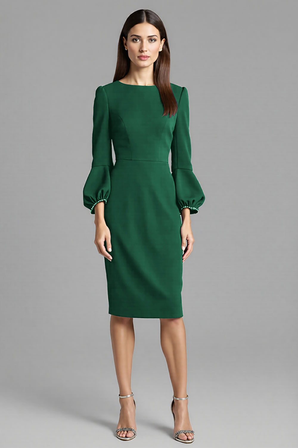 Long Sleeve Bodycon Navy Round Neck Midi Work Dress