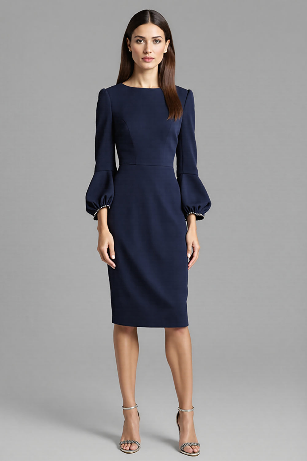 Long Sleeve Bodycon Navy Round Neck Midi Work Dress