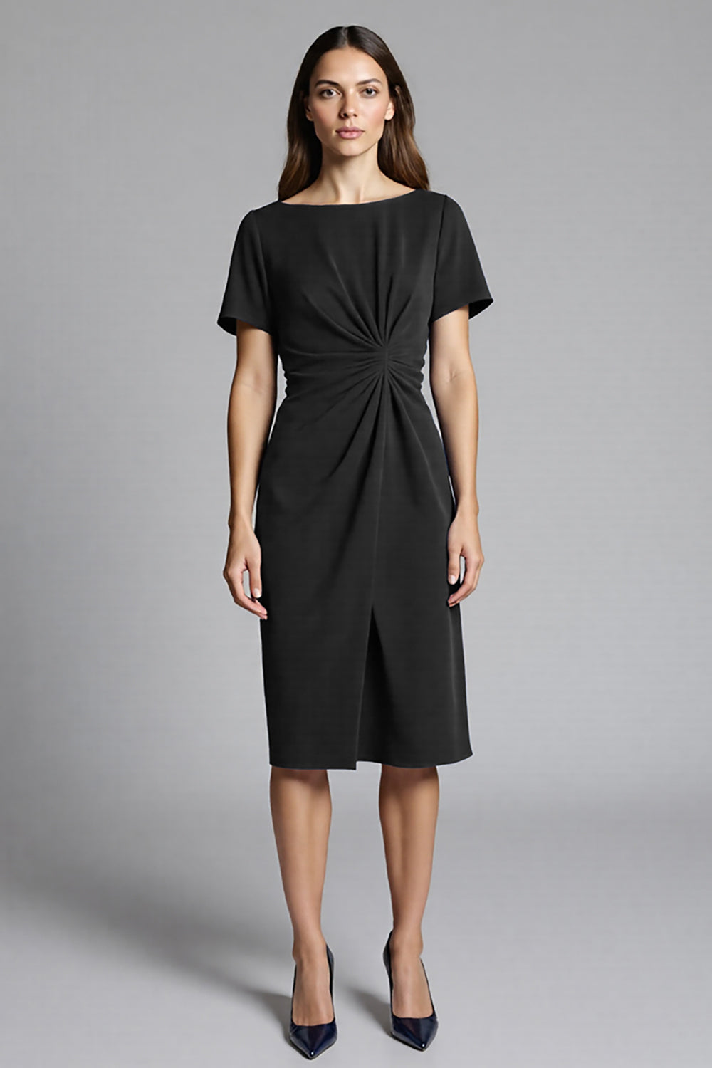 Short Sleeves Navy Bodycon Ruched Midi Work Dress