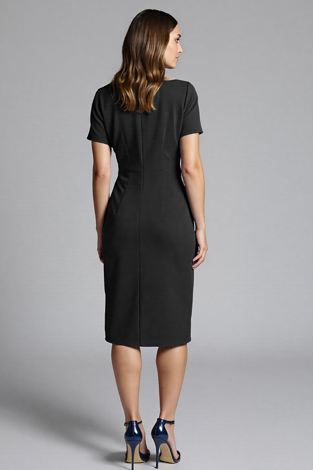 Short Sleeves Navy Bodycon Ruched Midi Work Dress