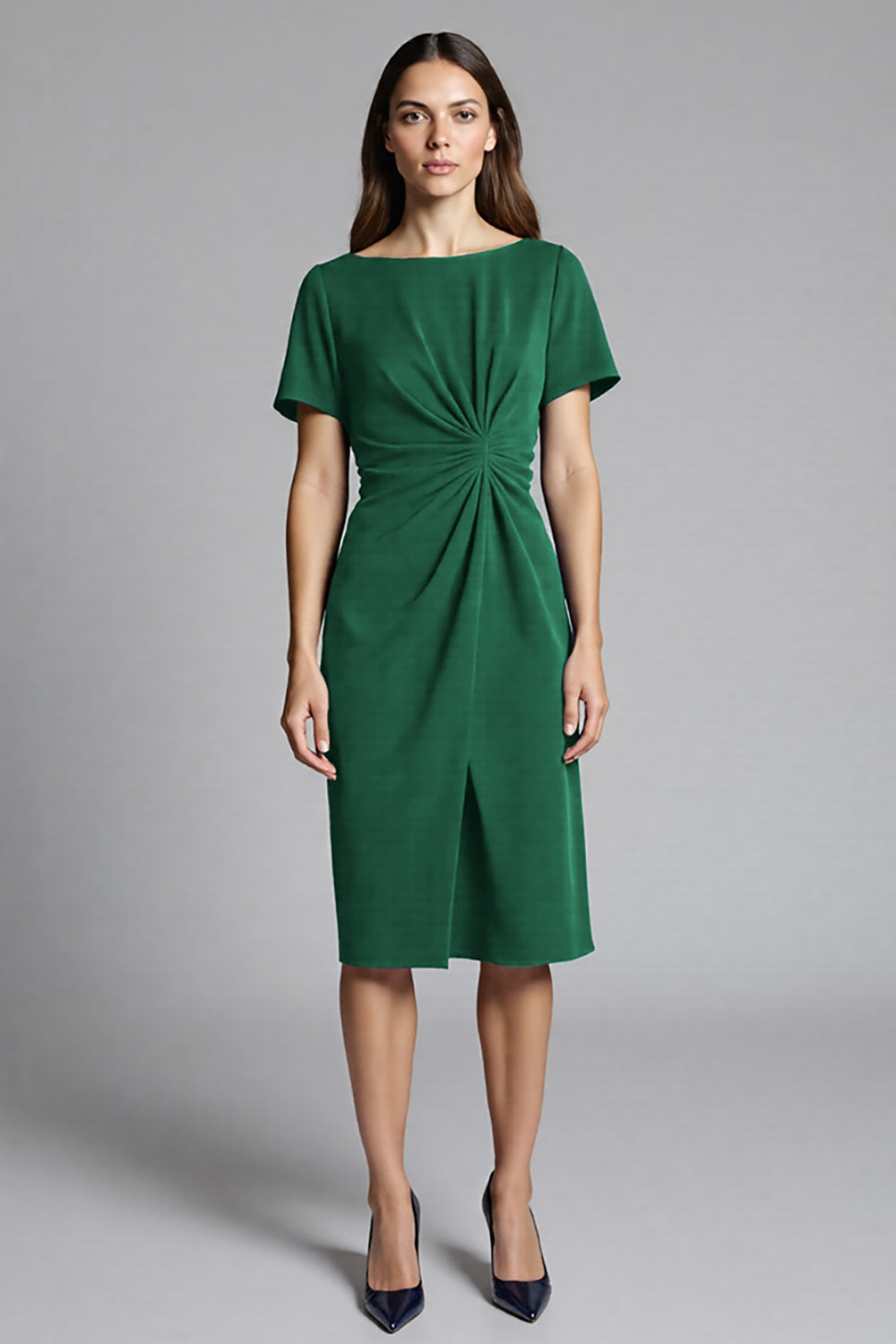Short Sleeves Navy Bodycon Ruched Midi Work Dress