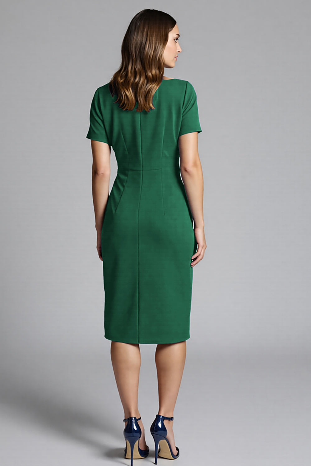 Short Sleeves Navy Bodycon Ruched Midi Work Dress