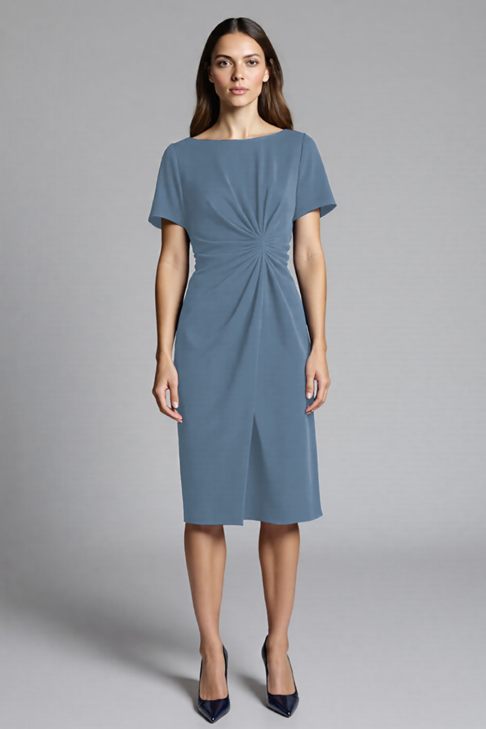 Short Sleeves Navy Bodycon Ruched Midi Work Dress