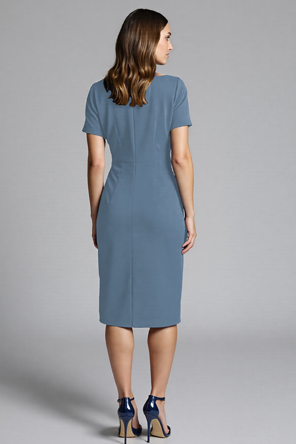 Short Sleeves Navy Bodycon Ruched Midi Work Dress