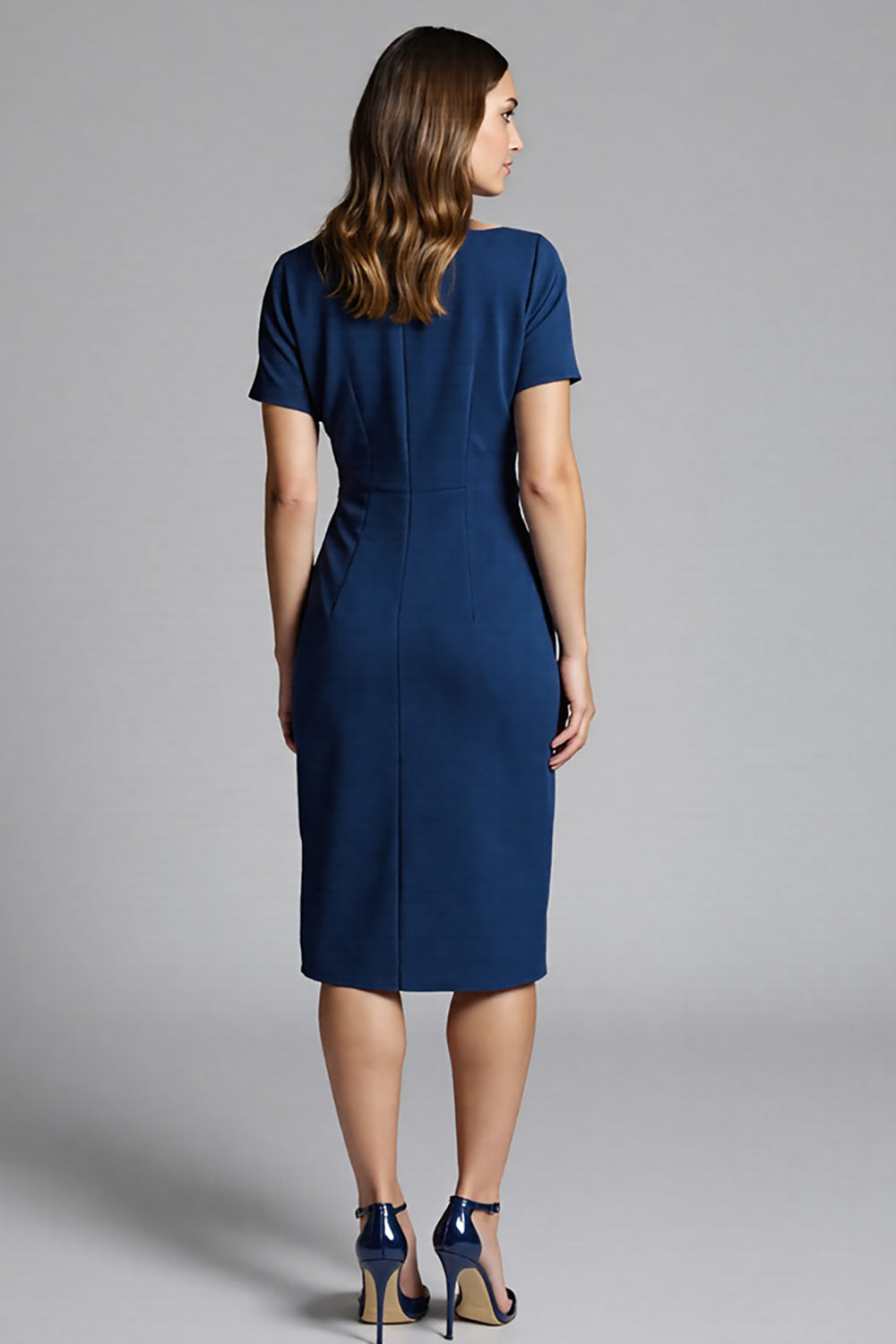 Short Sleeves Navy Bodycon Ruched Midi Work Dress