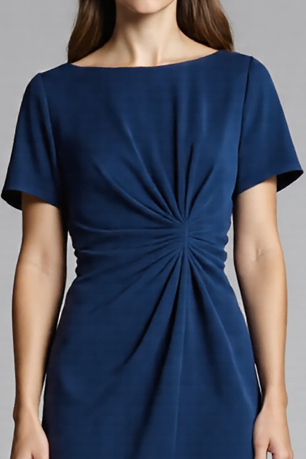 Short Sleeves Navy Bodycon Ruched Midi Work Dress