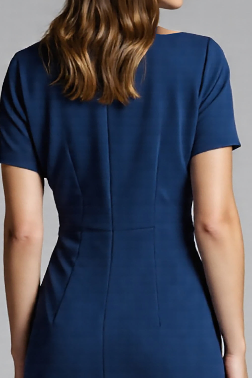 Short Sleeves Navy Bodycon Ruched Midi Work Dress