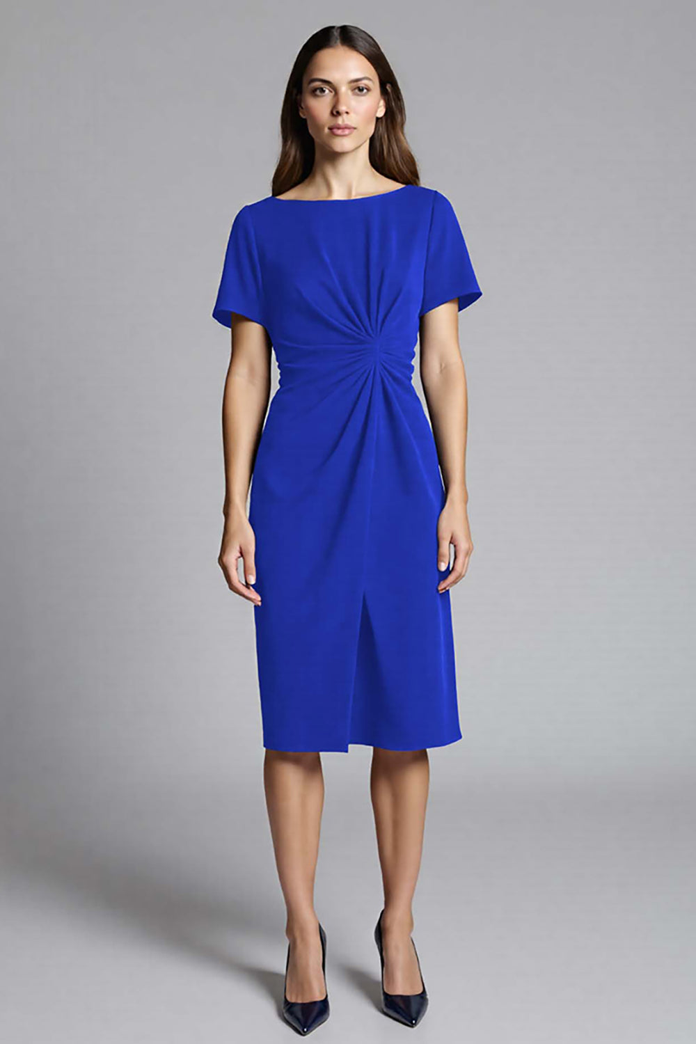 Short Sleeves Navy Bodycon Ruched Midi Work Dress