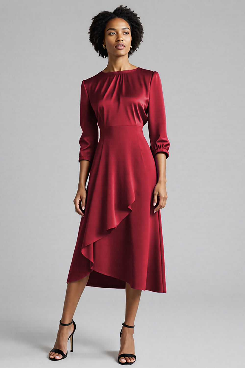 A Line Plum Ruffled 3/4 Sleeves Midi Work Dress