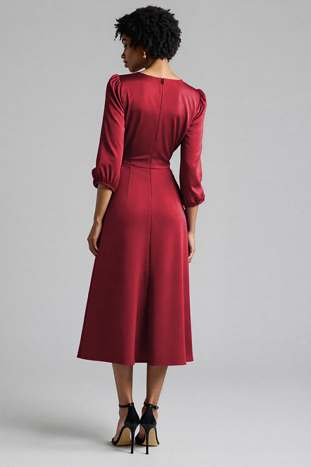 A Line Plum Ruffled 3/4 Sleeves Midi Work Dress