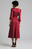 A Line Plum Ruffled 3/4 Sleeves Midi Work Dress