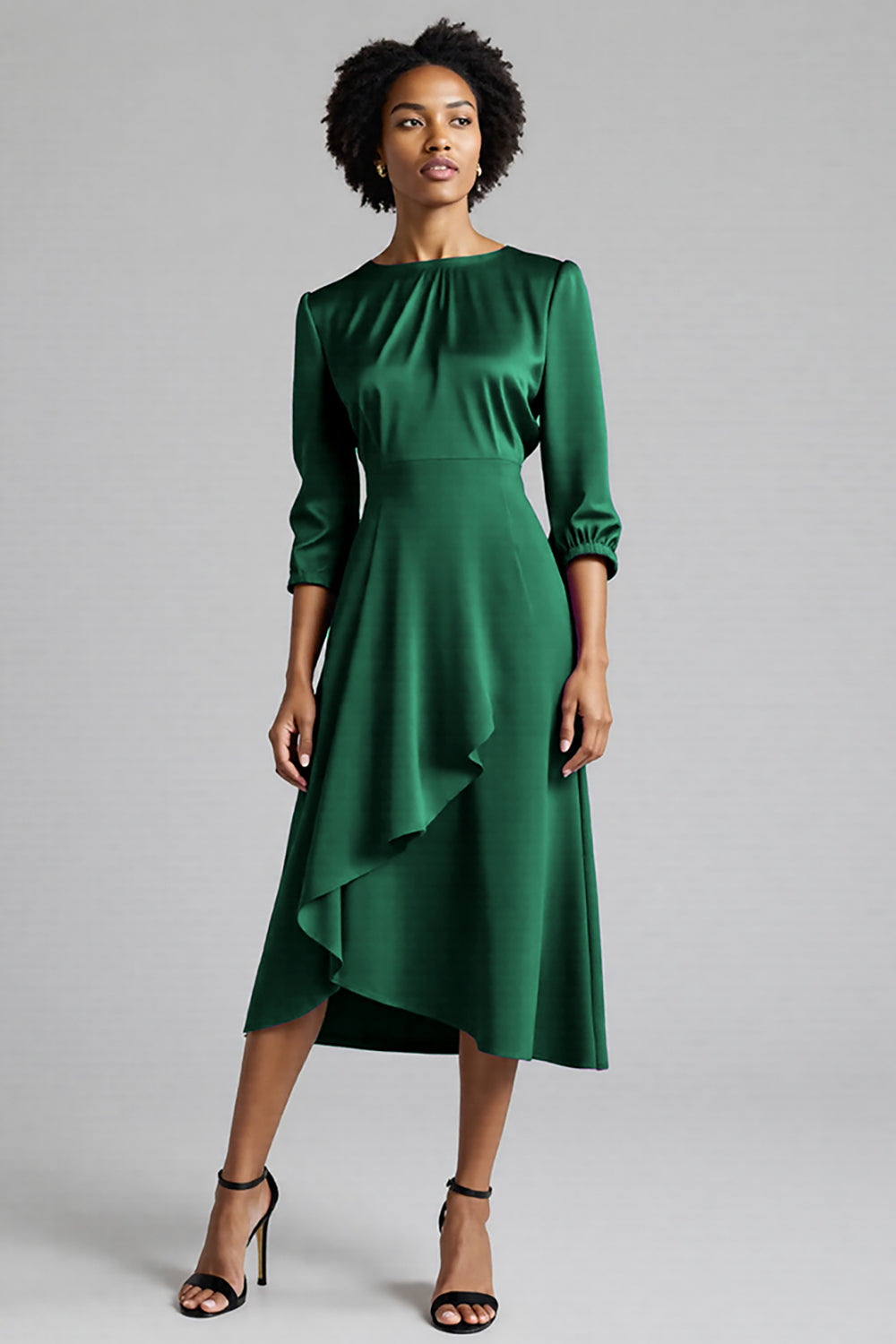 A Line Plum Ruffled 3/4 Sleeves Midi Work Dress