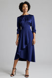 A Line Plum Ruffled 3/4 Sleeves Midi Work Dress