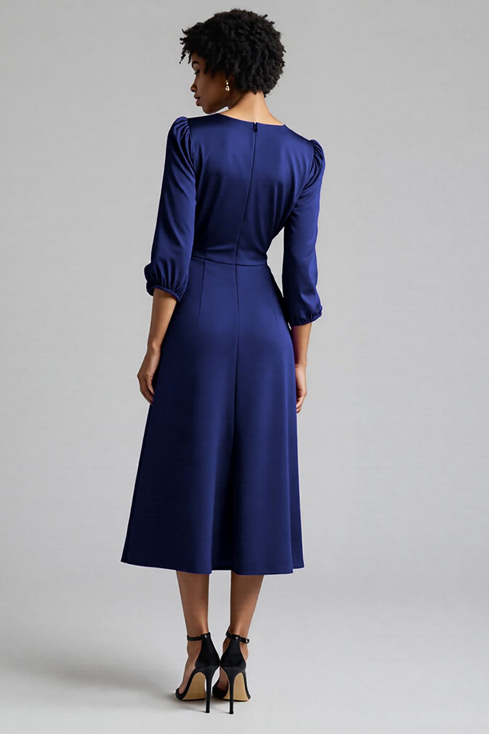 A Line Plum Ruffled 3/4 Sleeves Midi Work Dress