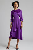 A Line Plum Ruffled 3/4 Sleeves Midi Work Dress