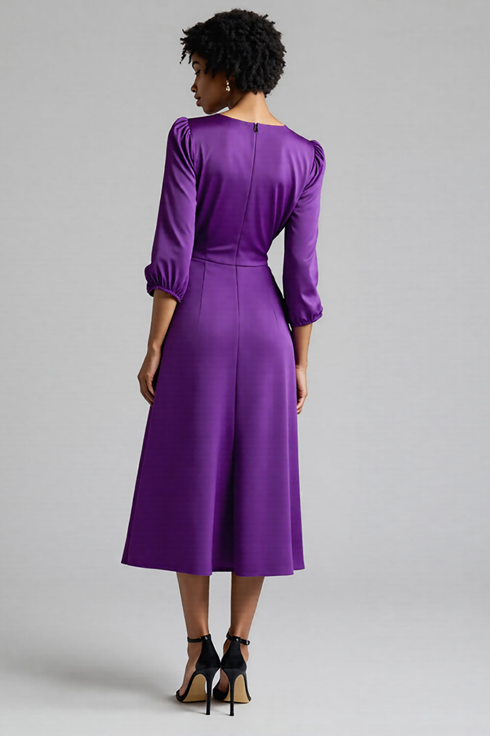 A Line Plum Ruffled 3/4 Sleeves Midi Work Dress
