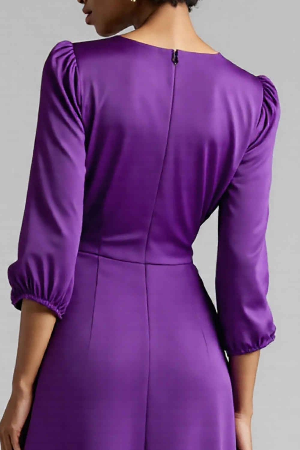 A Line Plum Ruffled 3/4 Sleeves Midi Work Dress